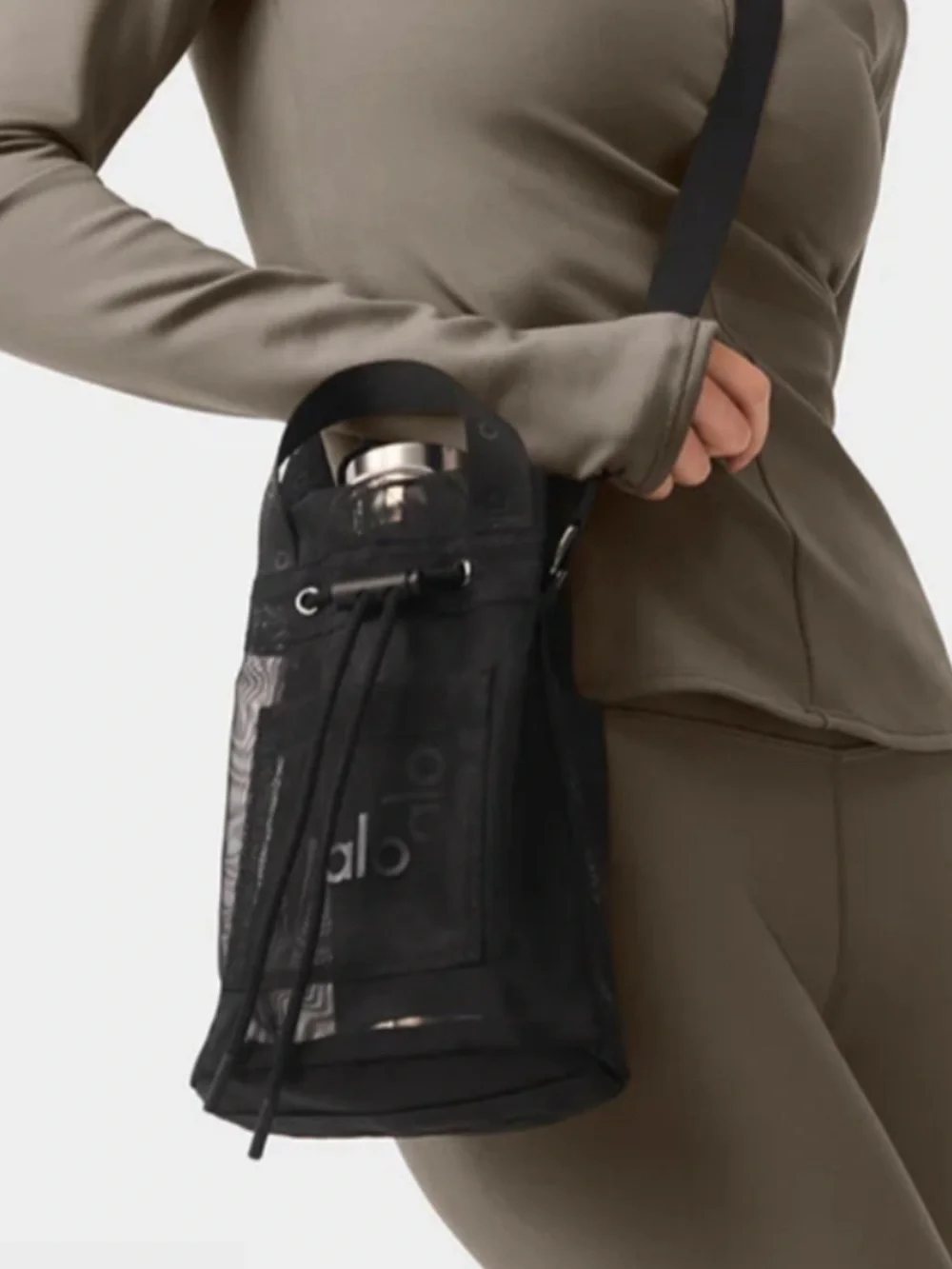 ALO Black Sheer Mesh Bucket Crossbody Bag with drawstring closure